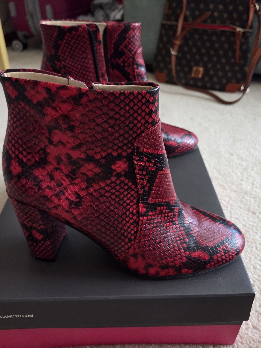 Vince Camuto Red Snake-Print Ankle Boots - Picture 3 of 4